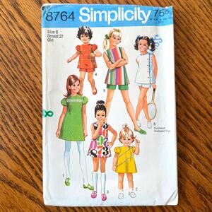 Vintage 1970s Simplicity 8764 Sewing Pattern Sz 8 Girl Dress Top Shorts COMPLETE